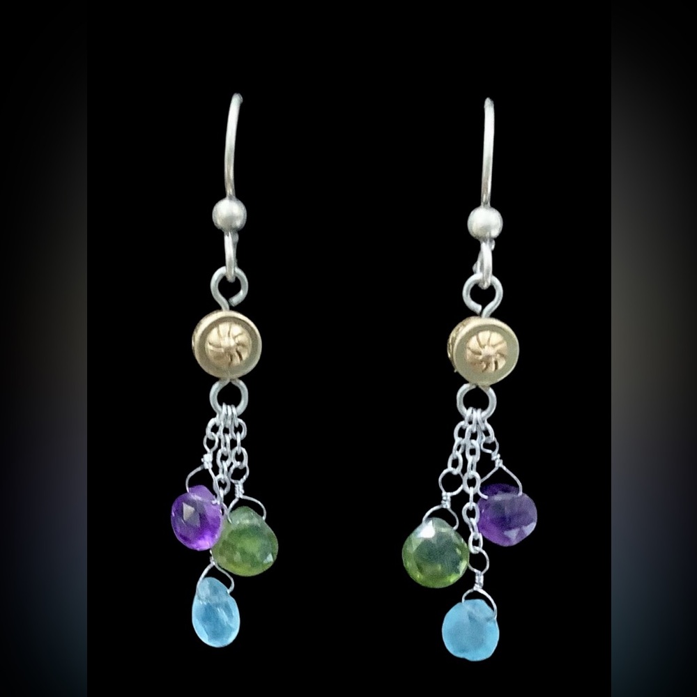 Brighton Silver and Gold Dangle Earrings with Multicolor Gemstones. NWOT